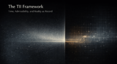 the TII Framework showing an abstract structural transition from possibility through admissibility to reality as record, with the title “The TII Framework: Time, Admissibility, and Reality as Record.”