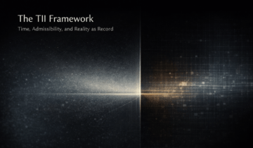 the TII Framework showing an abstract structural transition from possibility through admissibility to reality as record, with the title “The TII Framework: Time, Admissibility, and Reality as Record.”