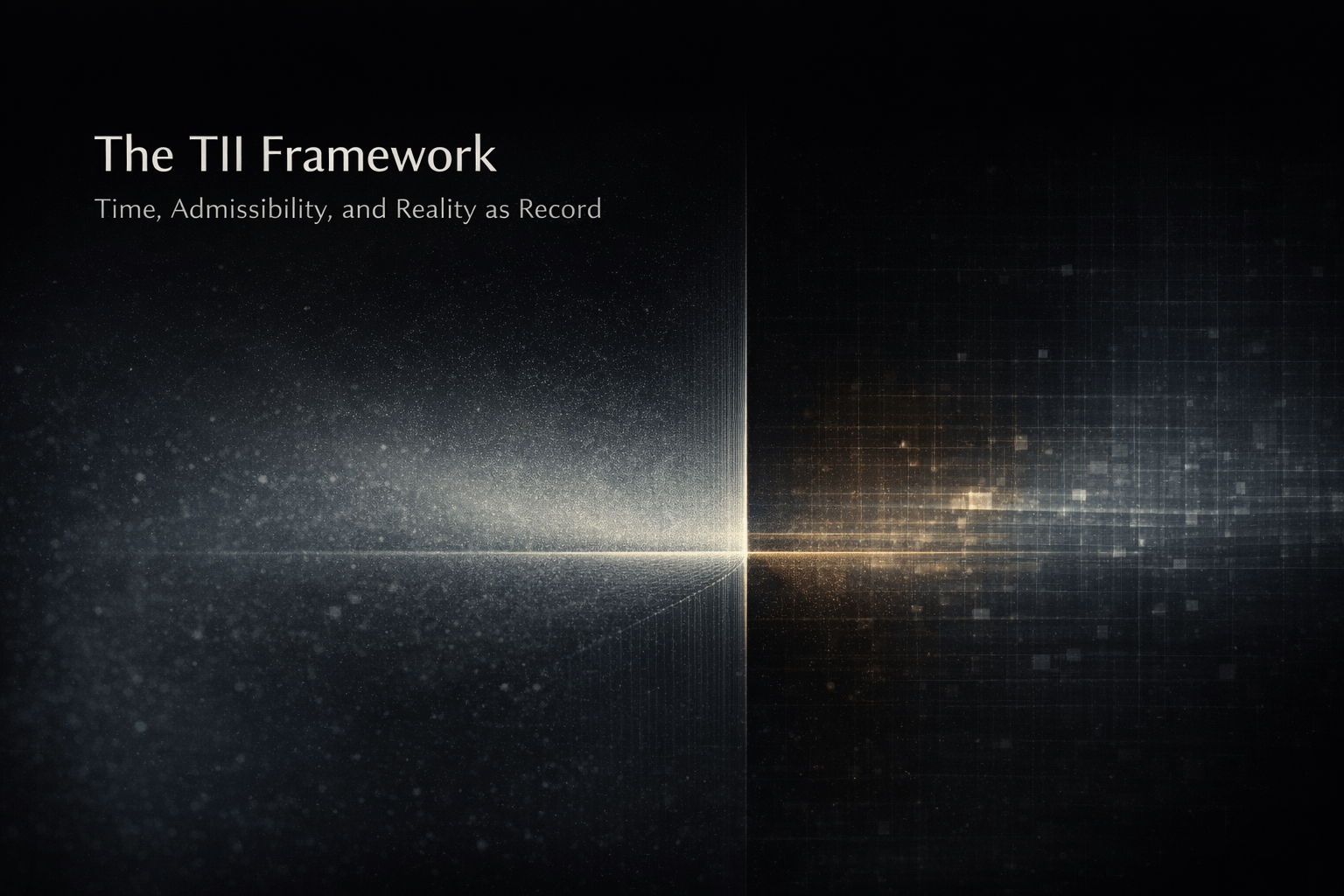 the TII Framework showing an abstract structural transition from possibility through admissibility to reality as record, with the title “The TII Framework: Time, Admissibility, and Reality as Record.”